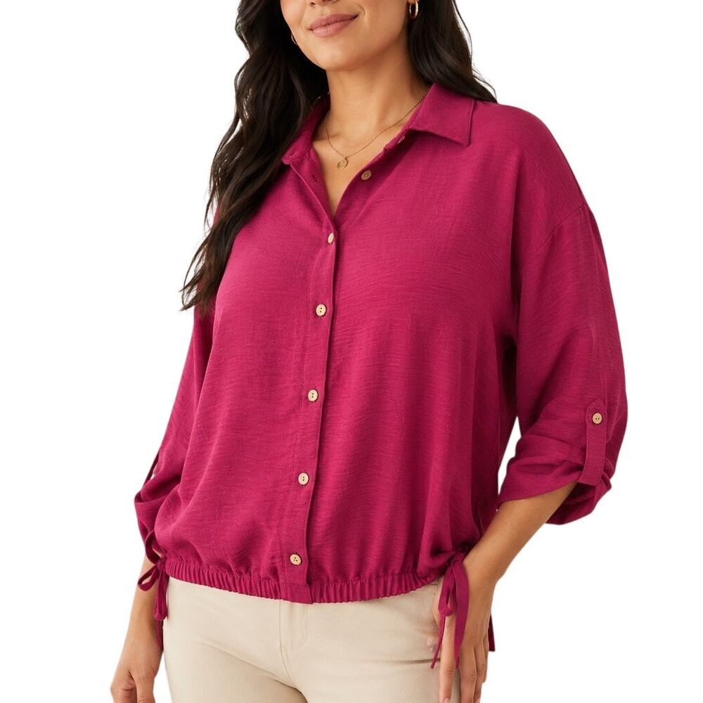 BCX Burgundy Button Front Blouse Medium Office Siren Side Bow